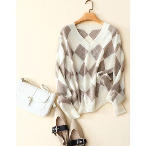 Argyle Vintage Womens Sweater Ladies Winter Knitted Thin V-Neck 100% Cashmere Womens New Arrival Sweaters High Quality