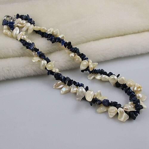 Unique Pearls jewellery Store,Blue Lapis White Genuine Freshwater Pearl Necklace 2Rows,Real Pearl Woman Jewelry
