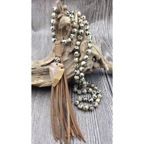 YA2666 Natural Stone Arrow Leather Tassel dalmatian Jaspe Stone 8mm Beads Knot Handmade Necklace 30inch