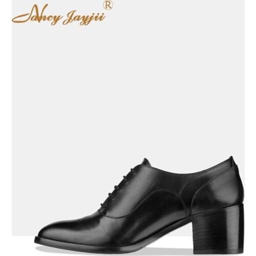Black Spring Autumn Woman Oxfords Med Chunky Heel Brogue Shoes Soft Leather Large Size 11 15 For Ladies Lace Up Female Footwear