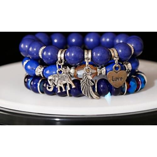 Summer Bohemian Beach Blue Stone Beaded Bracelet For Women 2020 Gypsy Elephant Wing Pendant Bracelets Bangles