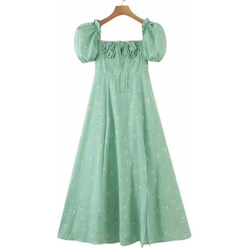 YENKYE Summer Dress Women Floral Print Sexy Slits Boho Long Dress Elegant Ladies Puff Sleeve Holiday Party Dress Maxi Vestido