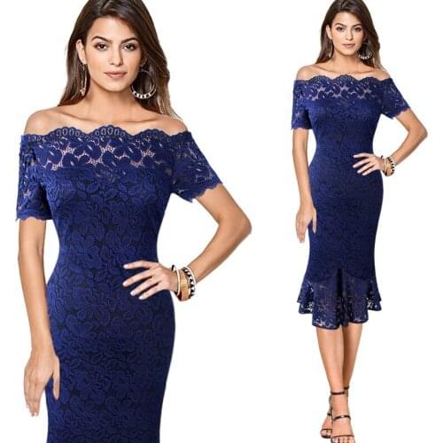 Women Off Shoulder Dress Vestido Elegant Fashion Trumpet Mermaid Lace Knee-Length A Line Slash Neck Bandage Dress