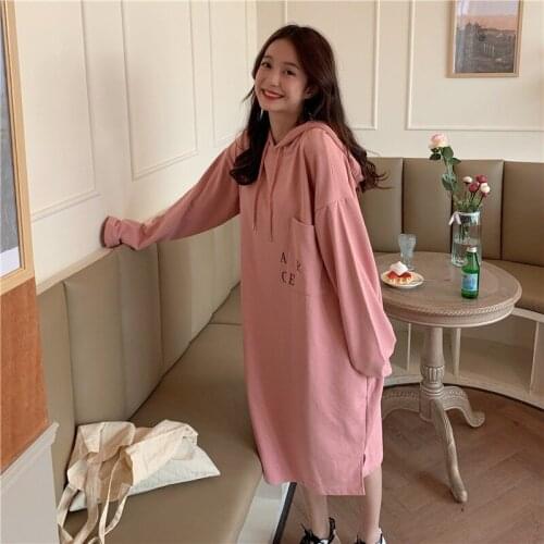 Women 2020 Split Hooded Sweater Dress Autumn Winter New Korean Loose Slim Mid-length Dresses WL146