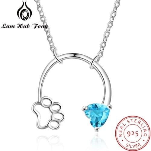 925 Sterling Silver Dog Footprints Paw Necklaces with Heart Birthstone Personalized Necklace & Pendant Silver 925 Fine Jewelry