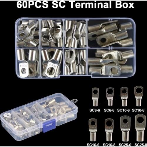 60pcs/box Bolt Hole Tinned Copper Cable lugs Battery Terminals Kits Assortment Set 6mm2 10mm2 16mm2 25mm2 SC6-8 SC10-8 SC25-8