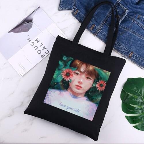 Album Korean Kpop 90s Harajuku Shopping Bag Women Canvas Tote Bags Printing Eco Bag Cartoon Shopper Shoulder Bags Black