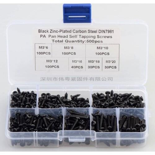 Black Pan Head Tapping Screws Set M3*6/8/10/12/16/18/20 Carbon Steel laptop computer screw Phillips Screw kit 500 pcs/set