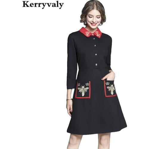 Retro Gold Embroidered Long Sleeve Black Dress Vestidos Casual Mujer 2021 Formal Dress Women Elegant Lange Jurken K6811