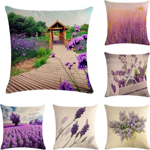 Purple Landscape Flower Series Linen Cushion Cover Sofa Car Seat Pillowcase Party Home Decor Pillow Case