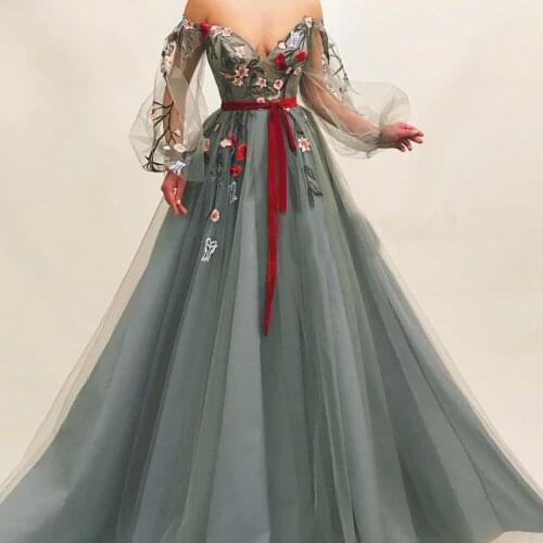 Hot Sale Evening Dresses Long Sheers A-Line Off The Shoulder Full Sleeves Flower Appliques Evening Dress Formal Gowns vestidos