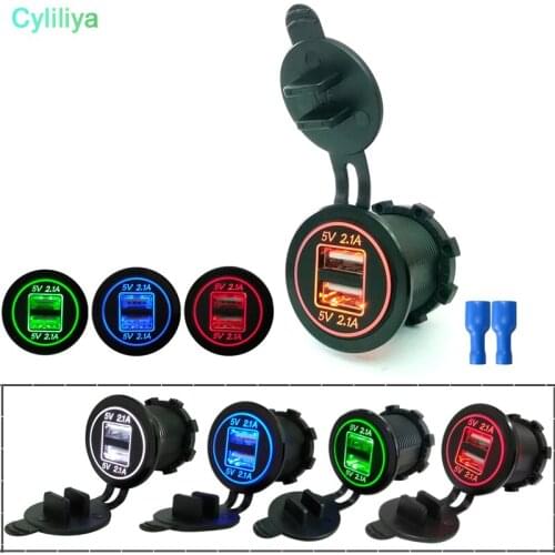 By DHL/Fedex 50pcs DC 12V/24V Dual Port Car USB Charger 4.2A Power Outlet For Car Boat Mobile Phones Led Light For Motorcycle