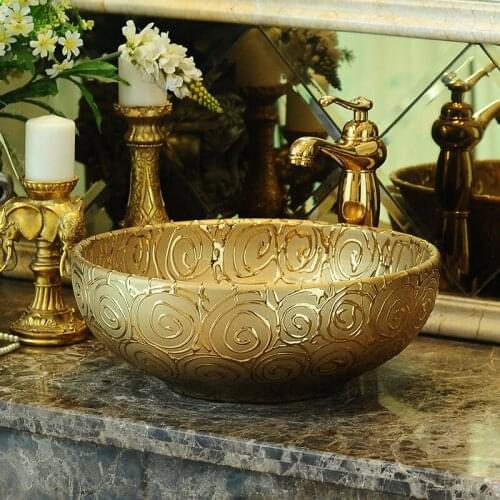 Jingdezhen Ceramics Table Basin Art European Style Carving Bathroom sinks Washbasin ceramic Wash Basin Gold/silver rose pattern