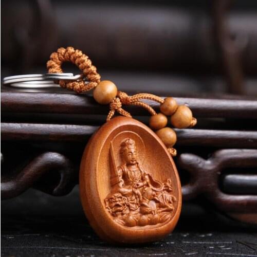 Chinese Peach Wood Carved The Patron Saint Of The Zodiac Rabbit Manjusri Bodhisattvas Original Life Buddha Exquisite Car Key Ch