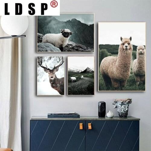 LDSP Nordic Alpaca Deer Sheep Grassland Landscape Canvas Painting Wall Art Print Poster Picture Modern Living Home Decor