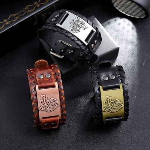 Anomokay Vintage Handwork Cow Leather Strap Bracelet Punk Style Wolf Head Cowhide Leather Bracelt for Men