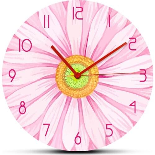 Pink Watercolour Gerbera Daisy Flower Printed Wall Clock Watch Botany Pattern Non-Ticking Silent Movement Horologe Modern Design