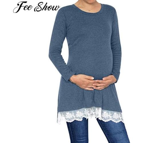 Maternity Clothes O-neck Female T-shirt Long Sleeve Tops Cotton Lace Hem Shirts Tees Pregnant Women Breastfeed Maternity Clothes