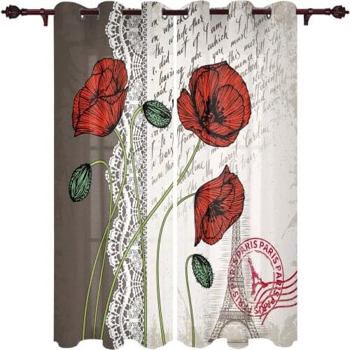 Poppies And Eiffel Tower Pattern Window Curtains for Living Room Bedroom Kitchen Decor Window Treatments Christmas Curtains