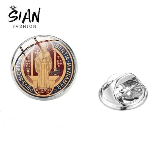 SIAN Catholic St. Benedict Medal Pin Brooches Cross Butterfly Buckle Art Photo Class Cabochon Brooch For Religious Believer Gift