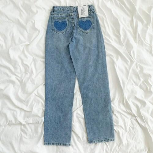 ZCWXM Winter High Waist Women Jeans Denim Wide Leg Kawaii Love Stick Pocket Loose Thin Spring Wash Blue Straight Jeans