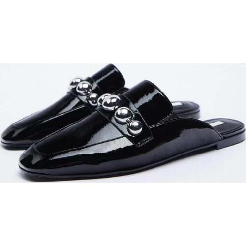 ZAR Woman 2021 Flat Shoes Spring Summer Square Toe Black Sexy Rivet Plus Size 40 Outer Wear Muller Sandals And Slippers Women