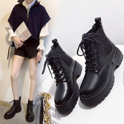 2020 spring and autumn new fashion handsome thick bottom motorcycle boots wild black lace thick with Martin boots female X124