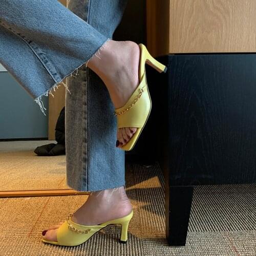 QZYERAI Withered Summer Fashion Vintage Cowhide Sexy Square Head Stiletto High-heeled Slippers Women Shoes Woman Shoes Women