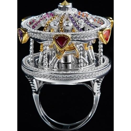 New Female Personality Exaggerated Carousel Ring Fashion HF Jewelry Cubic Zircon Womens A Merry-go-round Ring Wedding Gift