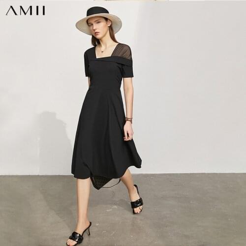 Amii Minimalism Summer Temperament Womens Dress Causal Solid Square Collar Slim Fit Womens Summer Dress Beach Dress 12130146