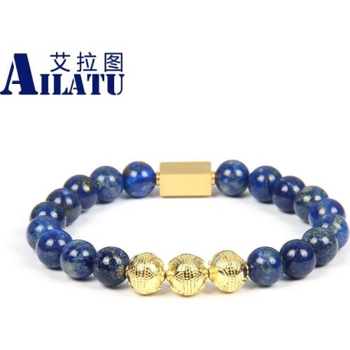 Ailatu New Gold Beads Natural Tiger Eye & Lapis Stone Energy Bracelets Pulseira Masculina Jewelry For Men