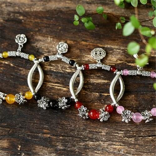 Couples Bracelet Women Jewelry Tibetan Silver Bracelet Natural Stone Bead Chalcedony Flower Pendant Charm Bangle Wholesale