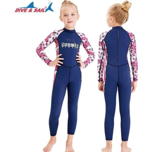 DIVE&SAIL Childrens Surfing Rash Guards Girls Snorkeling Long sleeve Wetsuit Full Body Skin Diving Suit Anti-Jellyfish swimwear