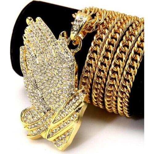 Mens Hip Hop the Praying Hands Pendants & Necklaces Brother Gift Gold Color Crystal Alloy Men Chain Jewelry Long Necklace
