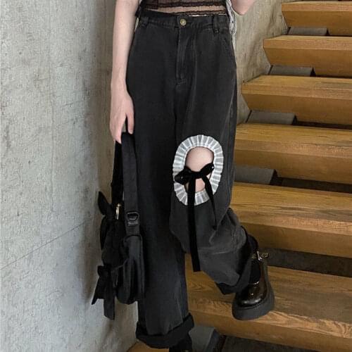 HOUZHOU Vintage Wide Leg Jeans Women Harajuku Lace Hollow Out Gothic Denim Pants Autumn Grunge High Waist Trousers Streetwear