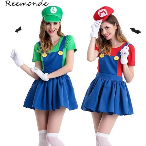 REEMONDE Adults Funy Super Luigi Brothers Plumber Cosplay Costumes For Women Girls Halloween Fancy Dress Party Costumes