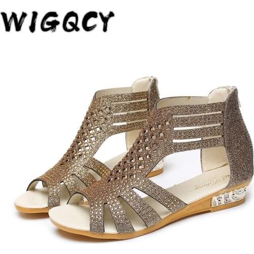 Summer Womens Sandals Golden Zipper Sandal Open Toe Gladiator Hollow Low Heel Sandals Bling Wedges Pumps Party Ladies' Shoes