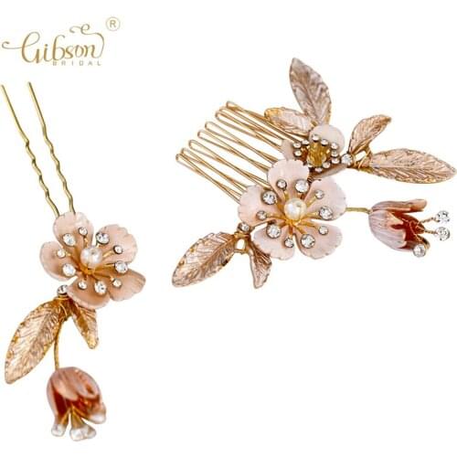 Cute Romantic Headpiece Hand Painted Brass Floral Charm Bridal Hair Comb Pins Wedding Tiara Hair Jewelry Headdress