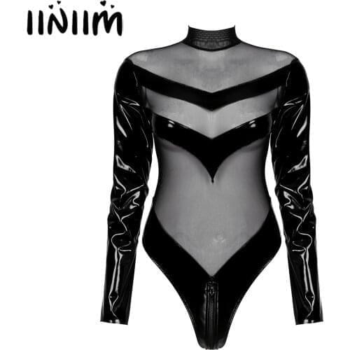 Fashion Women See-through Mesh Patchwork Long Sleeve Bodysuit Zipper Back Mock Neck Catsuit Patent Leather Leotard Clubwear