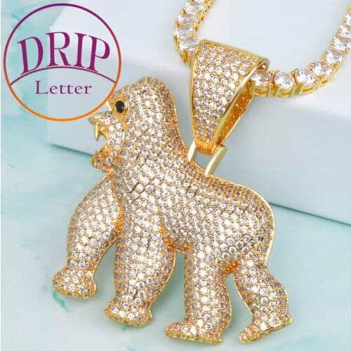 Animal Orangutan Pendant Gold Color Zircon Tennis Chain for Men Plated Hip Rock Jewelry