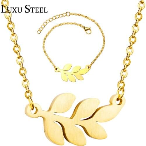 LUXUSTEEL Gold Color Leaf Necklace Bracelets Sets mujer Bijoux Party inoxidable Rolo Link Chains Jewelry Classic Accessories