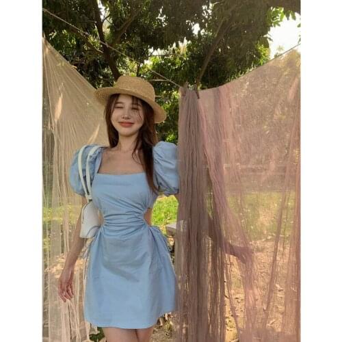 The new 2021 French vintage party led hubble-bubble sleeve dress summer collect waist backless dress temperament