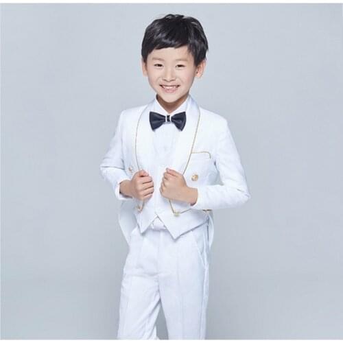 New Tailcoat Style men suit Tuxedos Shawl Lapel Children Suit Black/White Kid Wedding Prom Suits (Jacket+Vest+Pants+Tie )