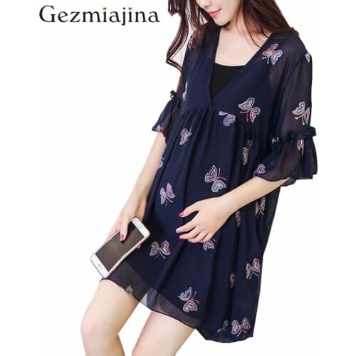 Pregnancy women clothes Summer wear Embroidery butterfly Maternity dress two piece short sleeved chiffon skirt + vest
