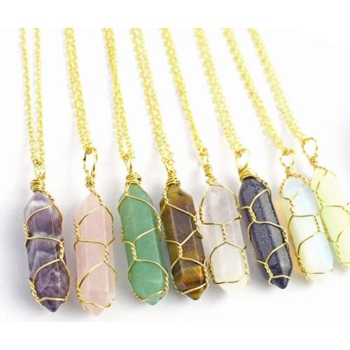 Wholesale New Fashion Wire Winding Quartz Hexagonal Bullet Shape Natural Stone Crystal Pendant Necklace