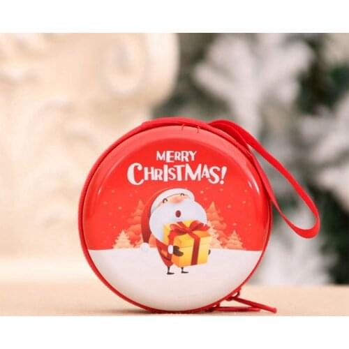 Merry Christmas Coin Purse Cartoon Santa Elk Snowman Printed Round Red Alloy Zipper Money Small Pockets Purses Dropship