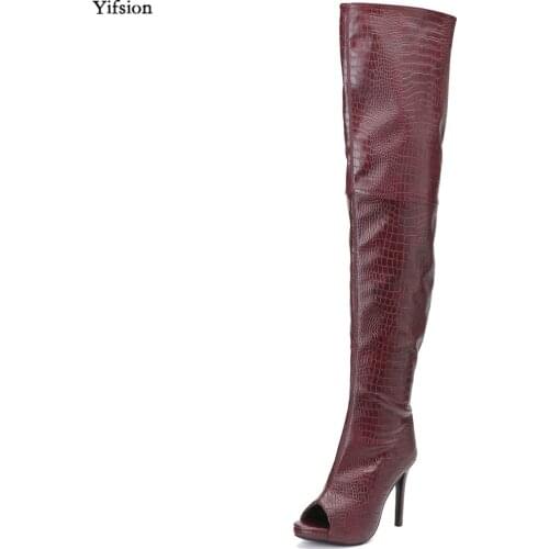 Olomm New Fashion Women Spring Over The Knee Boots Sexy Thin High Heel Wine Red Shoes Charm Peep Toe Women Plus US Size 4-15