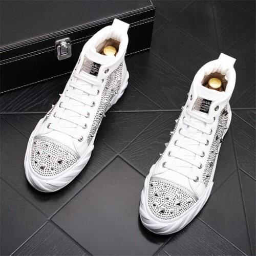 Rhinestone Luxury Designer Mens Skateboard Shoes Punk Hip Hop High Tops Rivet Casual Flats Ankle Boots