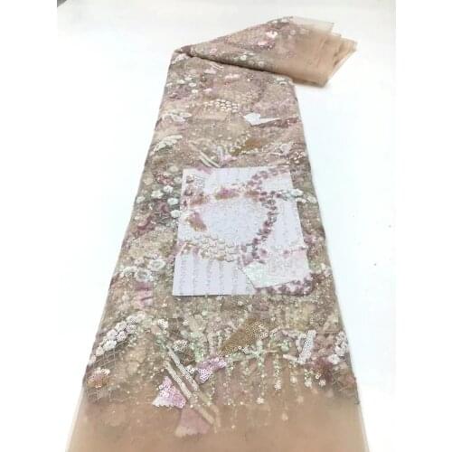 5yards/pc) High quality cream African tulle lace fabric embroidered French lace with tiny sequins for graceful dress FXZ049