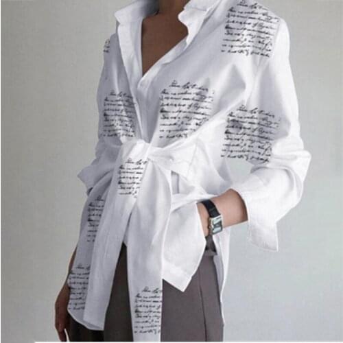 Womens Long-sleeved Blouse with English Alphabet Print Shirt